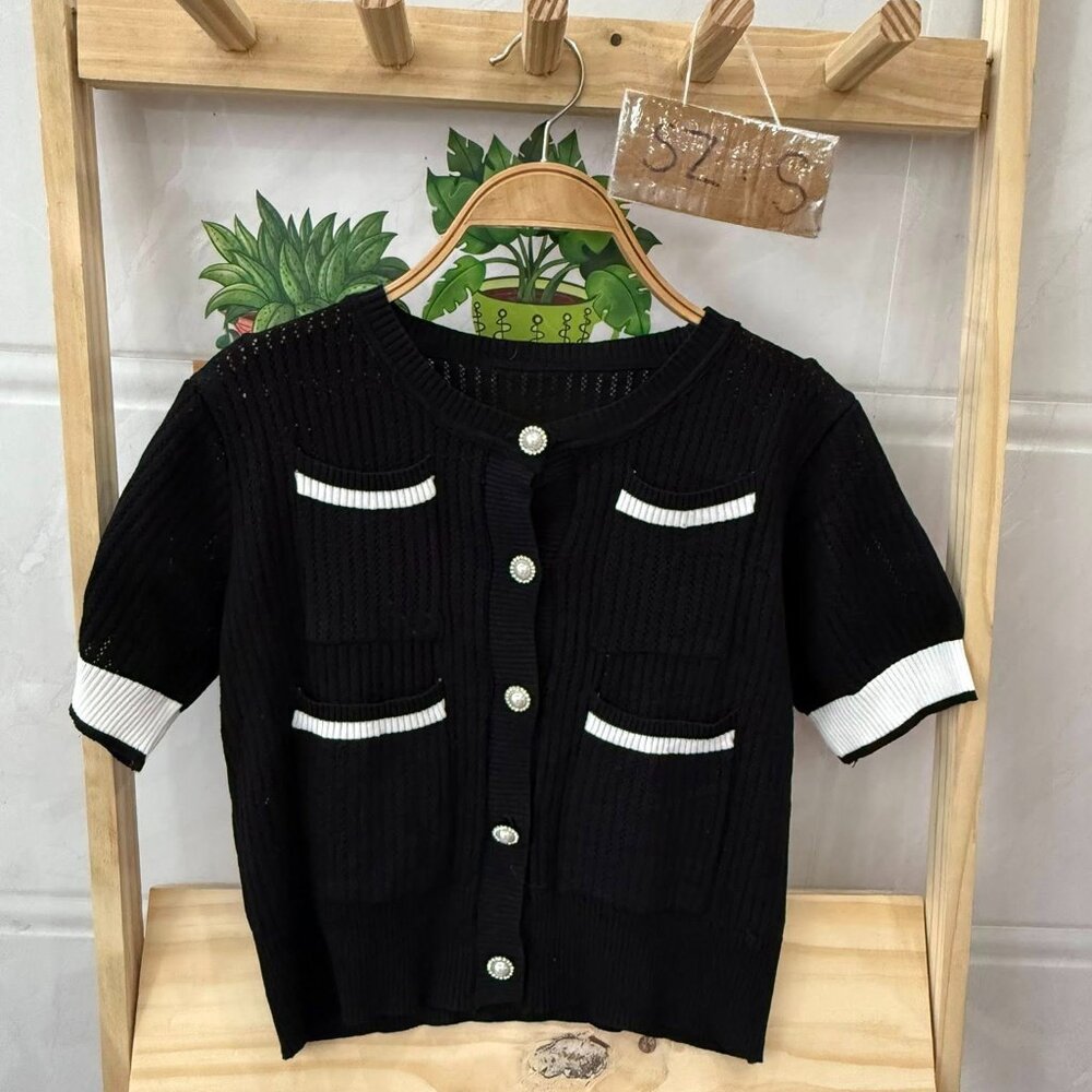 Black White Trim Pearl Button Knit Cardigan Top